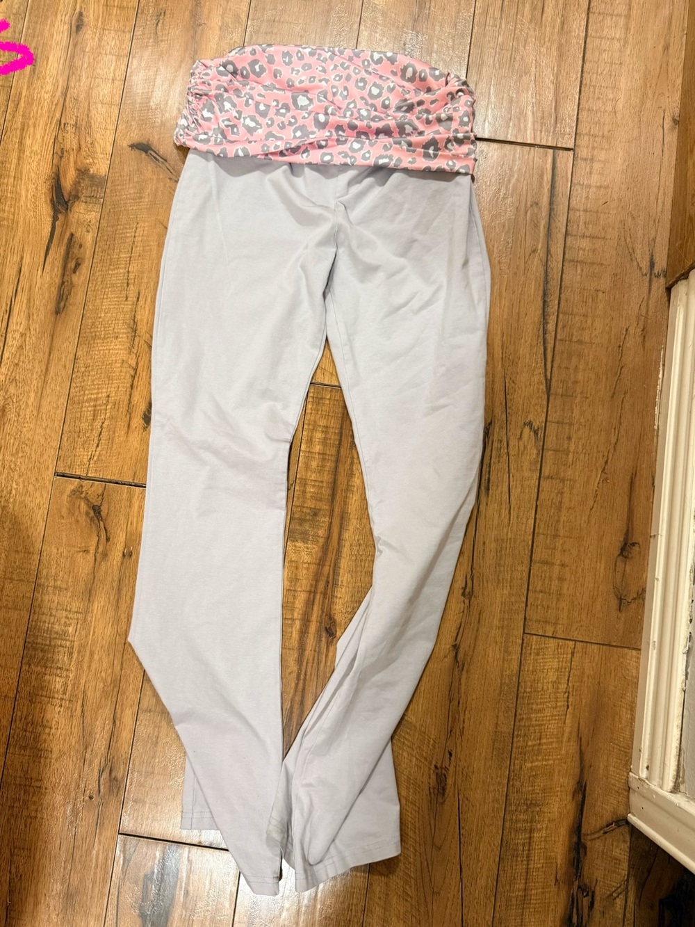 Light Gray Yoga Fold-Over Leggings with Pink Leopard Waistband